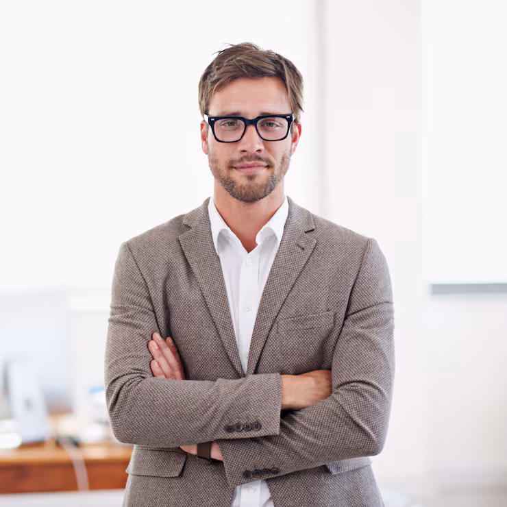 portrait corporate business man with arms crossed office career job employee pride face confident entrepreneur professional financial consultant with glasses company usa 590464 403586