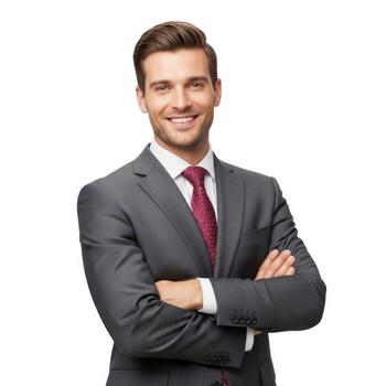 smiling businessman in suit with arms crossed isolated on white background photo